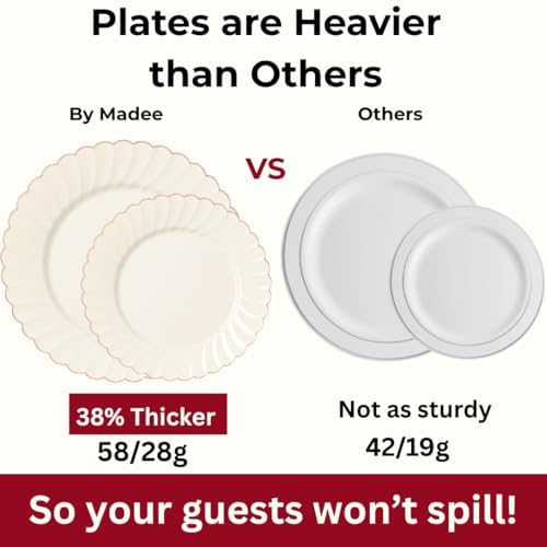 By Madee HEAVYWEIGHT 100 Pc Fancy Disposable Plates Set | Ivory Scalloped Premium Disposable Plates with Rose Gold Trim | 50 Dinner Plates & 50 Dessert Wedding Shower Party