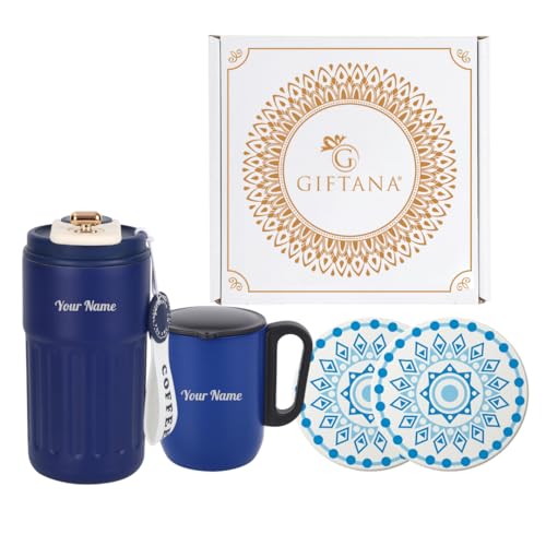 Image of Giftana 3 in 1 Personalized Tumbler 420ml with Coffee Mug & 2 Coasters - Customized Gift Set for Men & Women, Ideal for Husband, Father, Corporate Gifts for Employee (Blue)