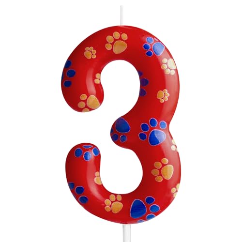 Velas de cumpleaños con estampado de pata de perro rojo número 3, vela de feliz cumpleaños, velas de decoración de patas de perro para fiesta de cachorros de patrulla de mascotas, decoraciones para