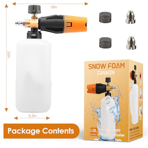 Fai Top 1L Foam Cannon for Pressure Washer - Adjustable Sprayer Nozzle, 1/4" Quick Connect, Snow Foam Lance for Car Wash, Additional 1.1mm & 1.35mm Orifices, Mesh Filter