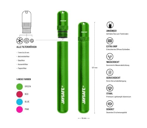 FIRE-FLOW™ JAYSAFE® - Premium Joint Holder Case in Green für alle Filtergrößen, Aktivkohlefilter, Aluminium Hülle, Metall Tube, Geruchsdicht, Wasserdicht (Green)