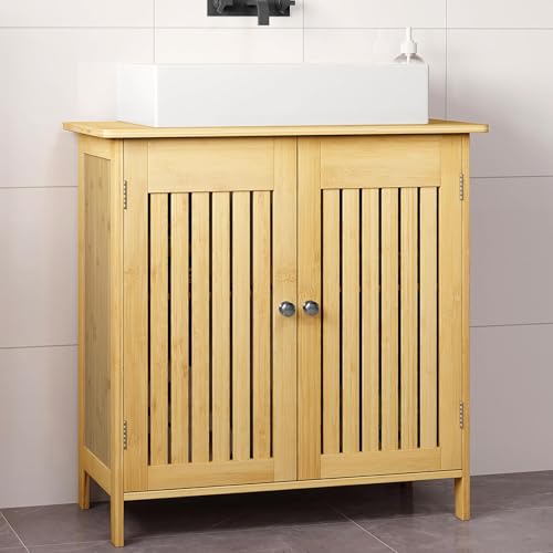 EUGAD Meuble Salle de Bain Bambou, Meuble sous Lavabo avec 2 Portes à Lamelles, Étagère de Rangement, 60x60x30cm