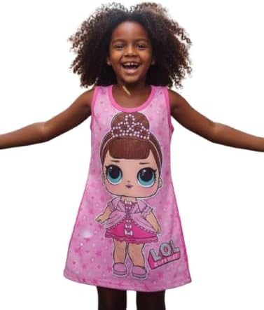 Vestido Infantil Rosa com Estampa Boneca, Regata, Tema Boneca, Festa - tam 6 anos