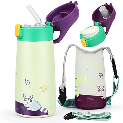 Kids Water Bottle with Straw 500ml/16oz Insulated Water Jug for Kids, Kids Insulated Sport Water Bottle With Straw Lid,Two Lids Stainless Steel Water Flask Kids with Bottle Cover and Strap