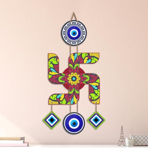 Image of Artvibes Decorative Swastik Wall Hanging with Evil Eye & Mandala Design | Auspicious Hindu Vastu Decor for Positive Energy and Good Fortune | Wooden Hanging Ornament for Entrance Door (WH 85103N)