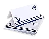 Nautical Place Cards - 25 Pack - Nautical Food Cards. Blue Anchor and Captain’s Wheel over Stripes Design, for Dinner Parties, Banquets, Cocktail Parties, Buffet. 2” x 3.5”. Scored for Folding.