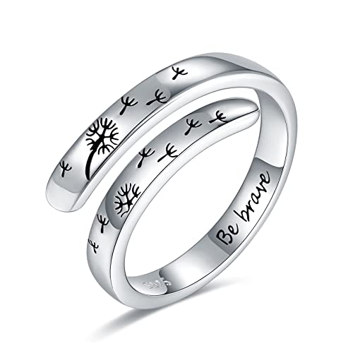 925-Sterling-Silver Adjustable Dandelion Rings for Women - Engraved Be Brave and Dancing Dandelion,White Gold Plated,Encouragement Christmas Jewelry Gifts