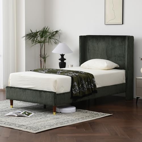PINJU Twin Size Bed Frame, Upholstered Platform Bed with Modern Vertical Striped Wingback Headboard with Wooden Slats, Easy to Assemble No Noise Free (Green, Twin)