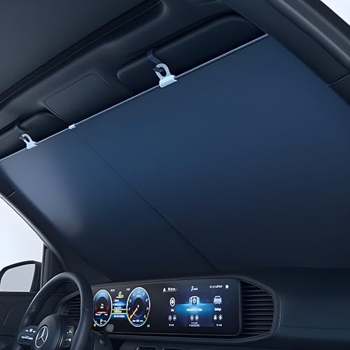 PIEZAPRINT Automatic Retractable Windshield Sunshade Adjustable in UV/Glare Blocker Strong Suction-Cup Mount Heat-Reflective Fabric for Sedans SUVs & MPVs