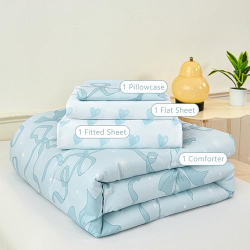 Image of PERFEMET 4 Pieces Light Blue Toddler Comforter Set for Girls, Reversible Blue Bow Printed Toddler Bedding Sets with Sheets, Ultra Soft Lightweight Baby Girl Bed Set for All Seasons