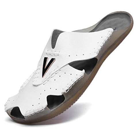 Aliwendy Mens Leather Sandals Casual Slippers Non-Slip Outdoor Slides Fashion Summer Beach Closed Toe Shoes(New White 45) Cover
