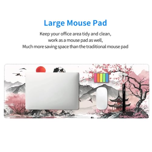 Image of Pink Japanese Watercolor Cherry Blossom Gaming Mouse Pad 31.5x11.8 XL Extended Mousepad Large Keyboard Mouse Mat Desk Pad with Non-Slip Rubber Base Stitched Edges for Home Office Game