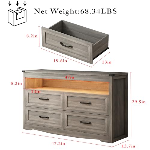 Image of Wodeer Grey Dresser for Bedroom, Wooden 4 Drawer Dresser with LED Light, Dressers & Chests of Drawers with Metal Handles, Storage and Organization for Bedroom, Hallway, Entryway, Gray
