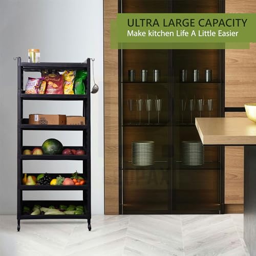 Image of LEOPAX 6 Layers Plastic Rolling Storage Rack | Multipurpose Stackable Storage Rack with Wheels for Kitchen Laundry Room Bathroom Office Home - Black (50 x 30 x 117cm)