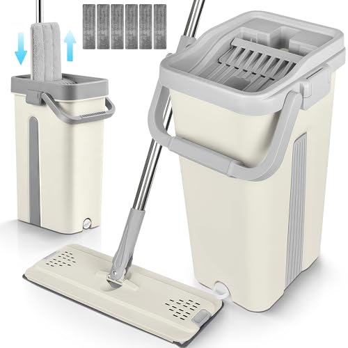 JUPPLIES Mopa Fregona con Cubo Escurridor Doble Compartimento 7,5 L – Sistema 360° con Mango Telescópico y Recambios de Microfibra para Suelos, Paredes y Azulejos (Blanco, 6 Recambios)