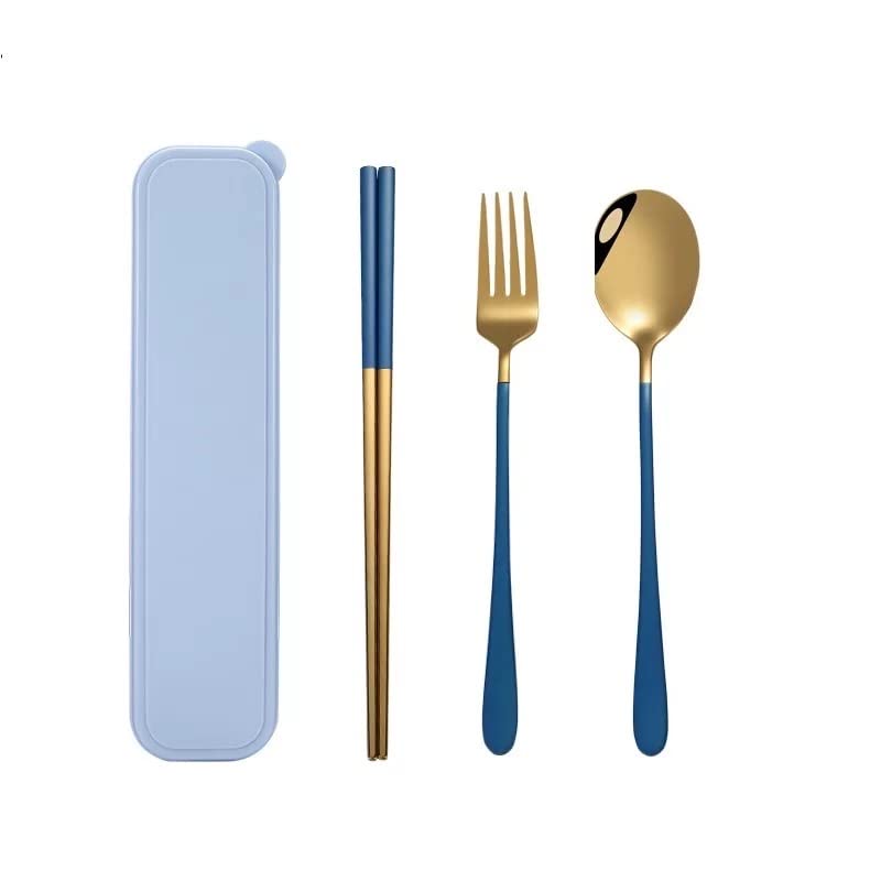 CherryBox Premium Spoon Fork & Chopstick Set - Flatware Dinnerware Cutlery Tableware Set - Gold Plated 304 Stainless Steel (Blue)