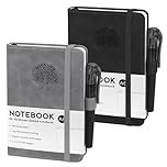A6 Notebooks, 2 Pcs A6 Notebook, Pocket Notebook Small Note Pads, 14.5 x 9.9cm, 80 GSM, 192 Pages, Tiny Note book with Pen Holder, PU Leather Pocket Book for School Business Work (Black & Grey)