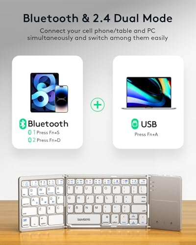 Image of Samsers Foldable Bluetooth Keyboard with Touchpad, Slim Compact, Silver | Multi-touch Trackpad, Full Size, Phone Holder, USB-C Charging, 3 Device, for Android Windows iOS Mac OS, Mobile Productivity