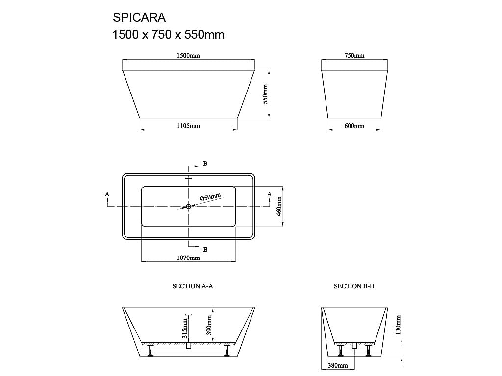 Vente-unique-Bañera exenta rectangular - 208 L - 150 x 75 x 55 cm - Blanco - Acrílico - SPICARA