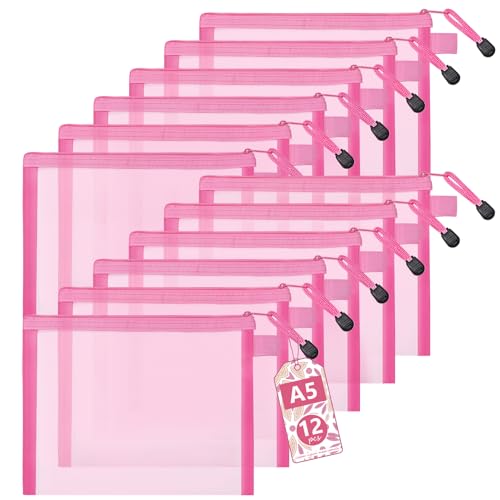 12-Piece Nylon Zipper Pouch Set, Pink Mesh Cosmetic Bags, Zippered Travel & Office Supplies Organizers - A5