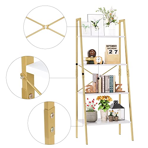 Finetones Bookshelf 4 Tier, Wood Bookcase With Metal Frame, Open Display Storage Ladder Shelf, Plant Flower Stand Storage Rack For Home Office White/Gold #TOP5