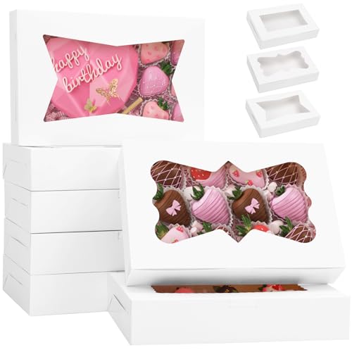 TOMNK 7pcs Cookie Boxes, 12x8x2.5 Inches White Bakery Boxes with 3 Style Window for Chocolate Covered Strawberries, Treats, Breakable Heart, Pastries, Desserts and Cake Pops