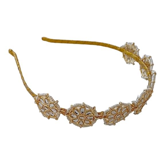 Fantastic USA Floral Kundan Studded Matha Patti Sheesh Patti Wedding Hairband Traditional Golden Celebrity Headband Hair accessory Jewellery for Women and Girls