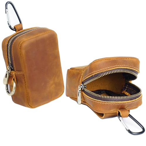 leather coin pouch for men - small crazy horse genuine leather zero wallet pouch with zipper for cash, cards, coins lipstick and other small things with key chain(dark green) (Brown)