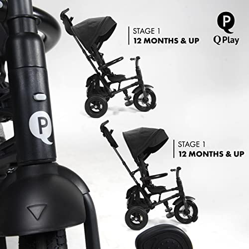Image of POSH BABY & KIDS QPlay Rito Toddler Tricycle with 3-Stages - Premium Push Trike Featuring Easy Storage & Transportability, Safety Harness, Adjustable Canopy & Parent Handle (Ages 1-5, Black)