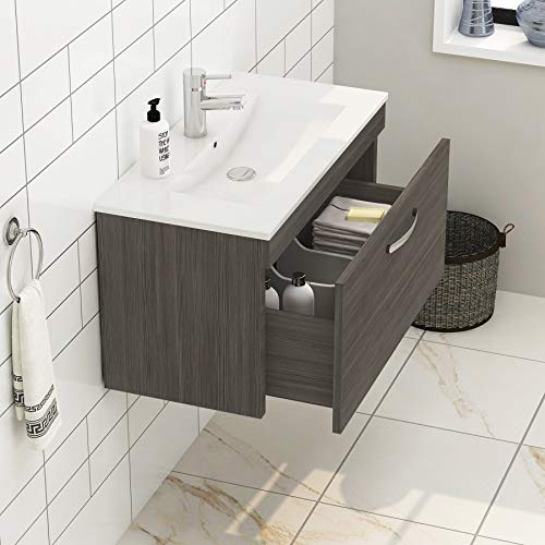 800mm Wall Hung Bathroom Vanity Unit Minimalist Basin 1 Drawer Storage Cabinet Furniture - Grey Elm