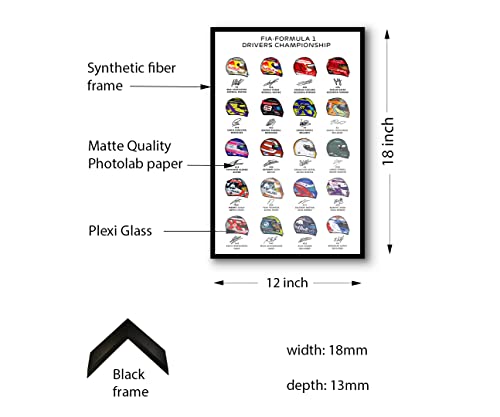 FRAMEO STORE Formula 1 driver helmets glass framed poster, Formula 1 wall art (A3 size - 12 X 18 Inches)