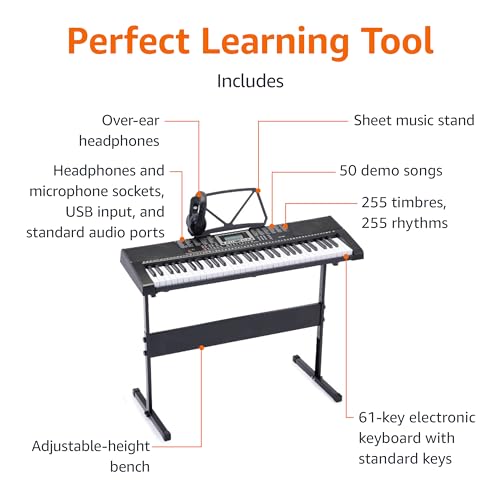Image of Amazon Basics Portable Electric Keyboard Piano with 61 Full Size Keys, Built-in Speakers, Songs for Learning, Digital Piano, Black