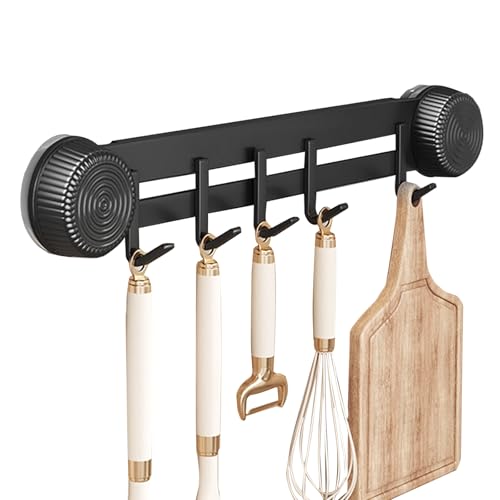 xyuayamz Perchero de cocina, soporte de cocina sin taladrar, soporte para utensilios de cocina con 5 ganchos, ventosa para colgar cucharas, espátulas, utensilios de cocina, metal, 1 pieza, negro