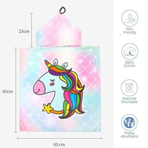 Image of Famyo Poncho Towel for Kids | Hooded Micro-Fiber Bath Towels | 60 x 60cm Toddler Pool Towel for Boys & Girls, 1-7 Years (Pink & Blue Unicorn)