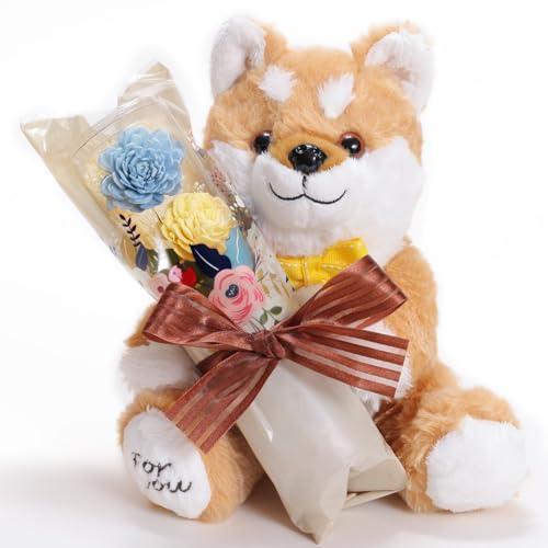【 liLYS epice 】 リリスエピス プリザーブドフラワー 柴犬 ぬいぐるみ 一輪の薔薇 プレゼント お祝い 記念日 誕生日 ギフト (【柴犬】 ブルー × イエロー)