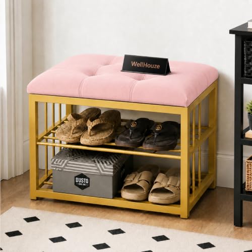 Modern Shoe Rack: Space-Saving Wrought Iron Shoe Rack for the Living Room, Bedroom, and Hallway, Covered Velvet with Cushioned Seat for Setting (Pink)