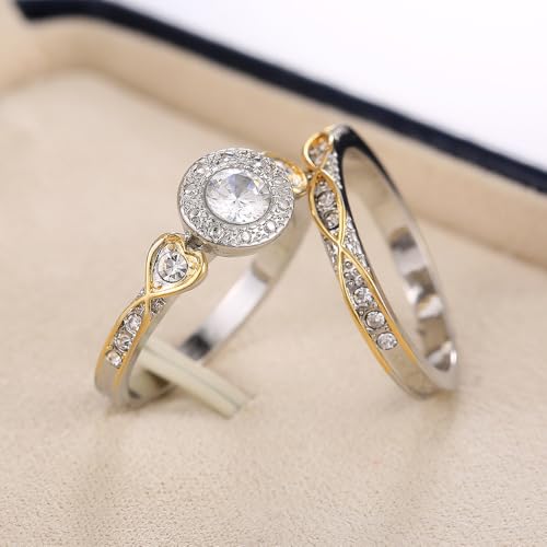 Vintage Two-Tone Statement Rings Set for Women, Classic Pear Round Cut Moissanite Wedding Bands 925 Sterling Silver Plated Travel CZ Engagement Bridal Promise Rings Sets for Her Size 9#2
