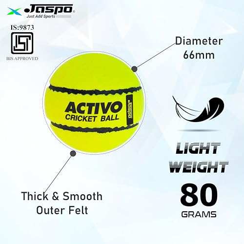 Image of jaspo Rubber,Wool Felt Activo Super Cricket Tennis Ball Light Weight 80 To 85 Grams,High Bounce,Durable,Developed With Innovative Technique,Unique Design,Match Quality,66 Mm Diameter(Pack Of 3,Green)