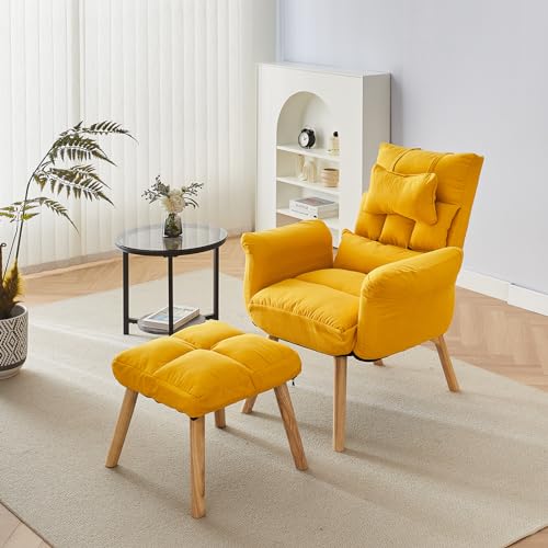 CLIPOP Sillón de relax con taburete, ajustable, con 6 posiciones, extra grueso, acolchado, sillón reclinable para televisión, con función reclinable (amarillo)