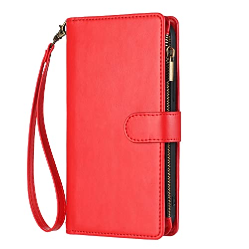 Lederen iPhone 16 hoesje met portemonnee, schokbestendig, waterdicht, kaartsleuven, magneetsluiting, rood