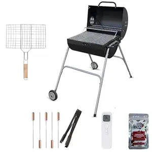 Finiky Wheel Grill Compact Drum Premium BBQ Set for Home | Large Cooking Area, Easy Assembly, Warming Rack | Includes Skewers, Tong, Brush, Thermometer, Spices & Cover (Black)