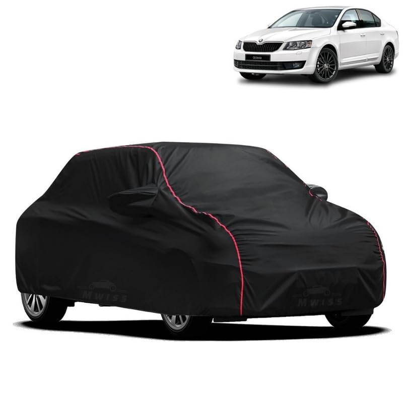 Image of Waterproof Car Cover for Skoda Laura | All-Weather Protection, Dustproof & UV Resistant | Triple Stitched Mirror Pockets, Windproof Buckle Strap with Elastic Hem, Black-Red Piping