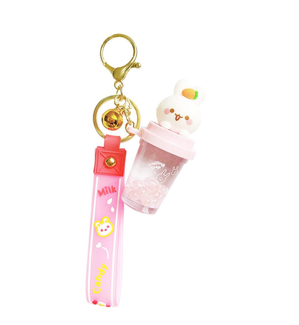 Rabbit w/Bell Keychain Creative Colorful Beads Milk Tea Cup Happy Rabbit Keychain Exquisite Small Pendant Key Chain Jewelry Women Girlfriend Trendy Bag Backpack Car Keys Pendant,Pink