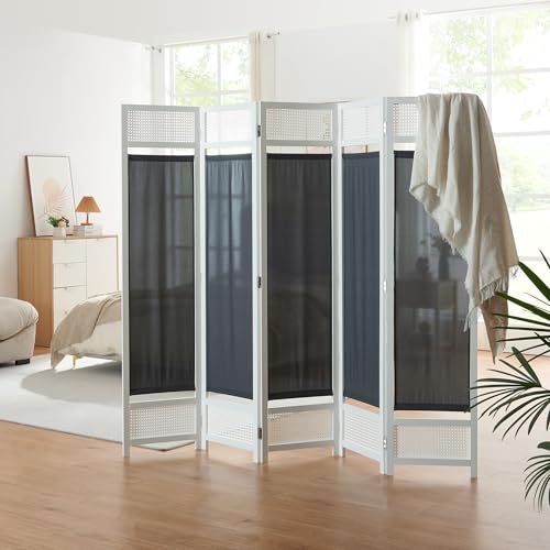 [en.casa] Biombo Dorotea con 5 Paneles Separador de Ambientes para Dormitorio Sala Oficina Divisor con Tela Opaca y Efecto Ratán Bambú 200 x 170 cm - Blanco/Gris Oscuro