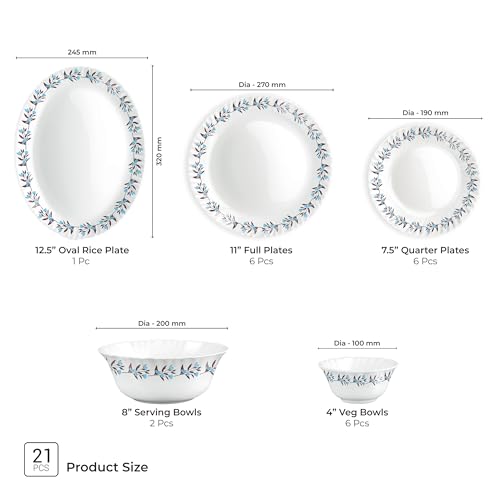 Image of Treo by Milton Opalware Aurelia Lavelle Dinner Set of 21 | Serving for 6 | Microwave & Dishwasher Safe | Bone-Ash Free | Tempered Toughness | Plates & Bowls | Crockery Set for Dining & Gifting