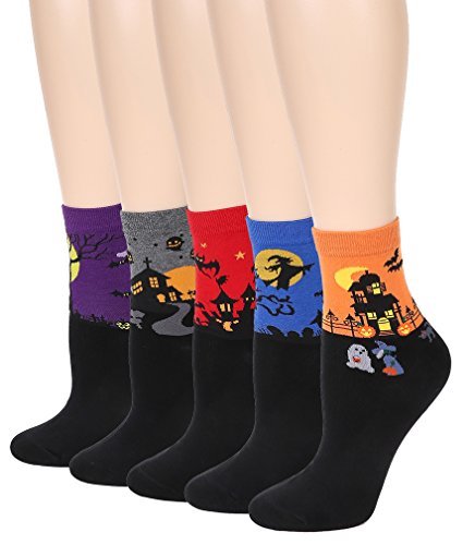 Leotruny Women's Halloween Colorful Cotton Socks 5-pack (Women shoe size:5-9, 5pairs-Multicolor)