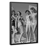 Vintage Swimwear Models, 1940s Swimsuit Competition, Women Beach Bikini Fashion Poster Canvas Poster Wall Art Decor Print Picture Paintings for Living Room Bedroom Decoration Black Frame 12x18in(30x45