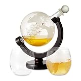 Berkware Globe Decanter in Solid Wood Stand - 28oz Crystal Globe Whiskey Decanter Set With Interior Hand-Crafted Glass Ship and 2 Globe Glasses for Scotch, Vodca, Gin, Cognac, Bourbon