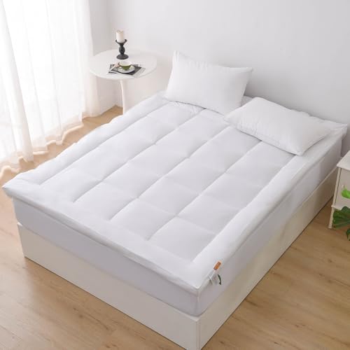 Image of Glamhaus Mattress Topper Thick Box Stitched Cushioned Cotton Bed Topper Anti Allergy Resistant Oeko Tex 100 and Silvadur Standard 800GSM with Fitted Skirt (King 150 x 200cm)