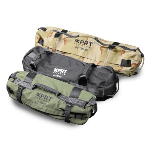 XPRT Fitness Workout Sandbag for Heavy Duty Workout Cross Training 7 Multi-positional Handles - Color Army Green/Black/Camo (3 Colors Set, Small+Medium+Large)
